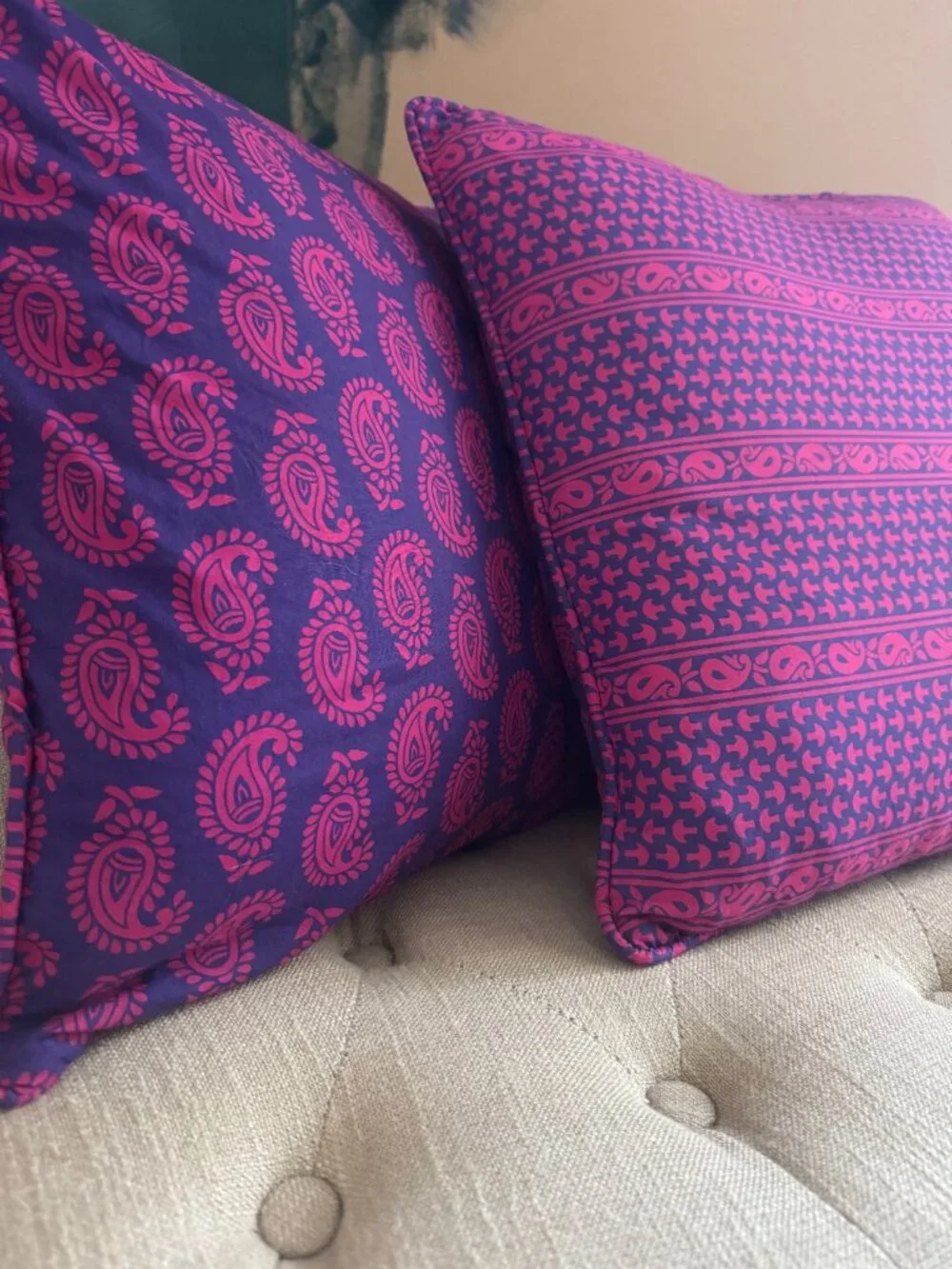 Vintage Indian Cotton Cushion Covers, Pink Purple Paisley Print (18x18)